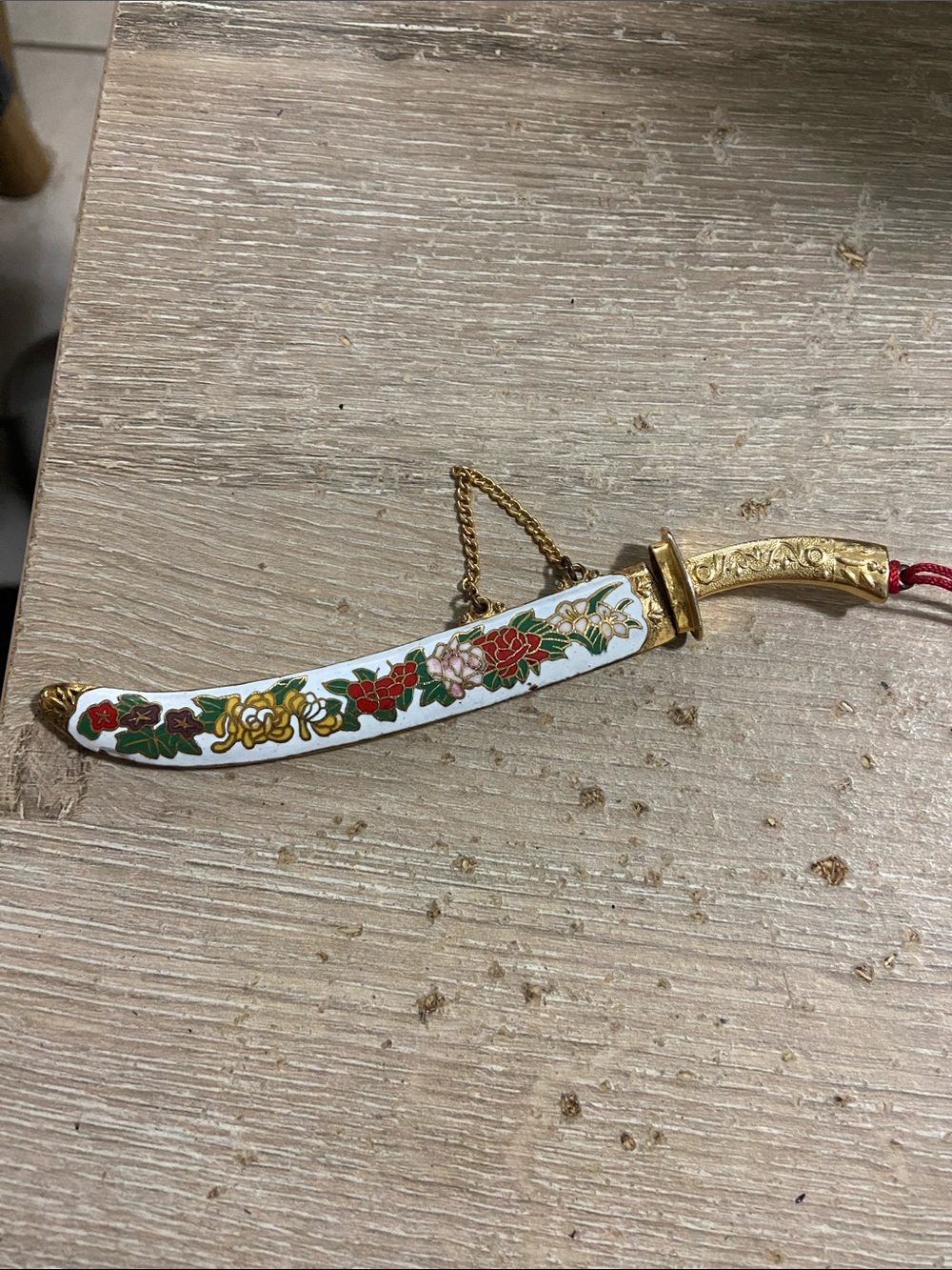 Vintage Sword & Sheath Ornate Letter Opener Enamel White Gold 5” Red Tassel